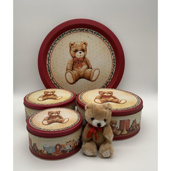 Vtg House of Lloyd 3 Nesting Tins plus 1 Round Tray 1989 with Plush Teddy Bear - Picture 1 of 11